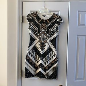 Express Black and Gold Sequin Short Sleeve Dress